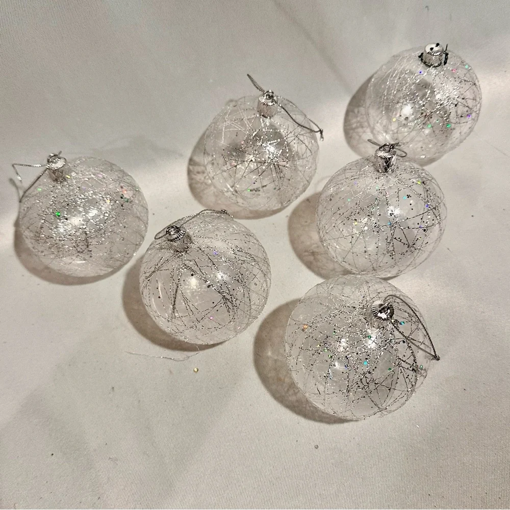 Vintage Silver Iridescent Glitter Shatterproof Holiday Ornaments- Set of 6